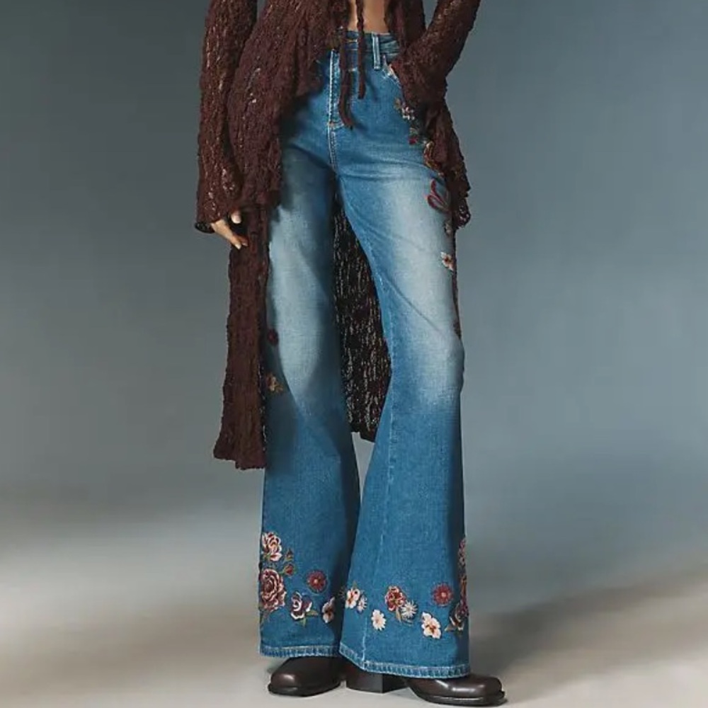DRIFTWOOD Farrah High-Rise Flare Jeans Bows and Roses Anthropologie - Picture 1 of 4
